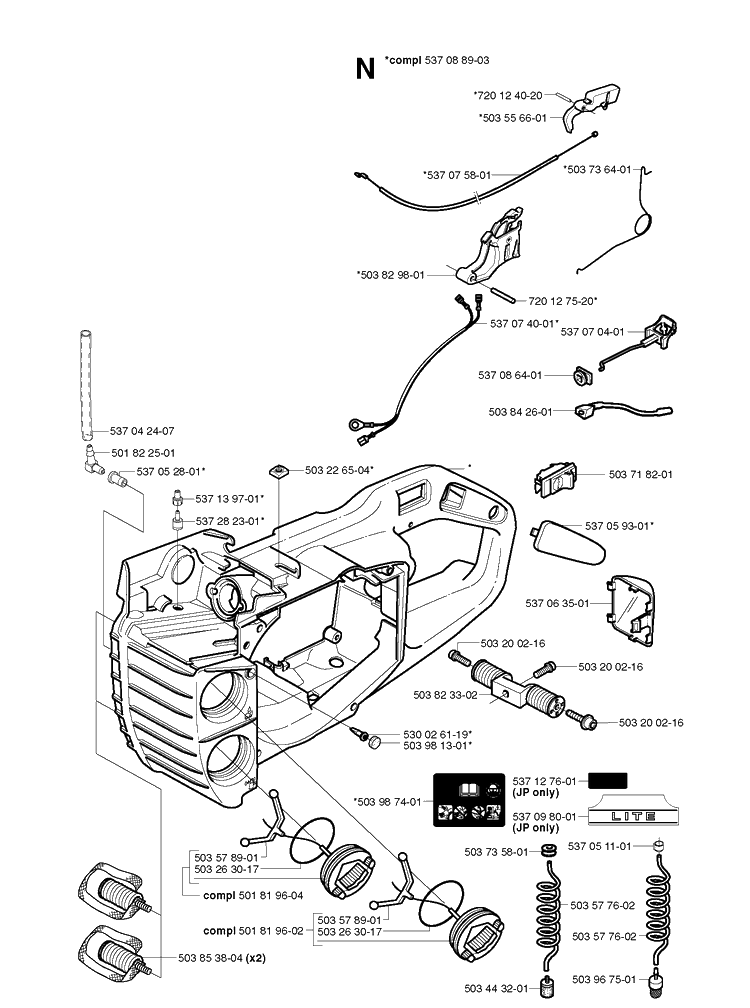 Fuel Tank Diagram and Parts List for 336 20040100001-20051000000 Husqvarna Chainsaw