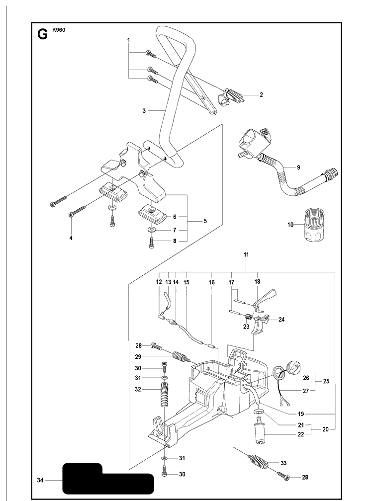 Fuel Tank And Handle Diagram and Parts List for KV960 2008-12 Husqvarna Lawn Tractor Accessories