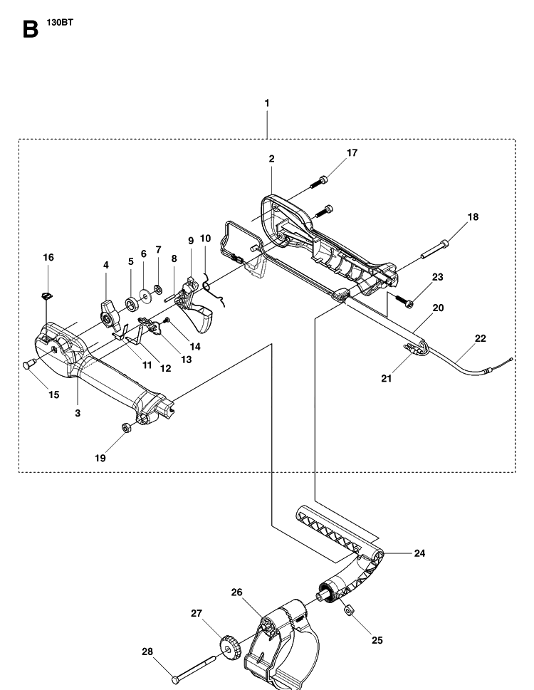 Handle And Controls Diagram and Parts List for 130BT (965102204)(20070100001-20133299999) Husqvarna Leaf Blower / Vacuum