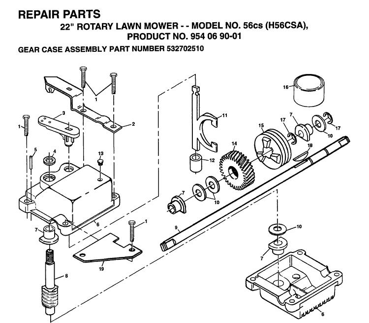 Gear Case Diagram and Parts List for 56CS (H56CSA)(1994-01) Husqvarna Lawn Mower