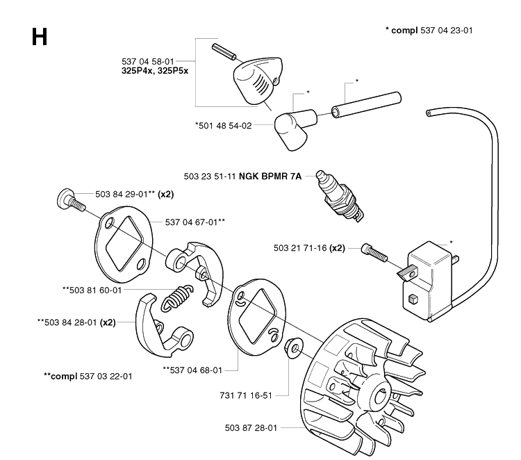 Ignition System Diagram and Parts List for 325P 20021800001-20042299999 Husqvarna Pole Saw