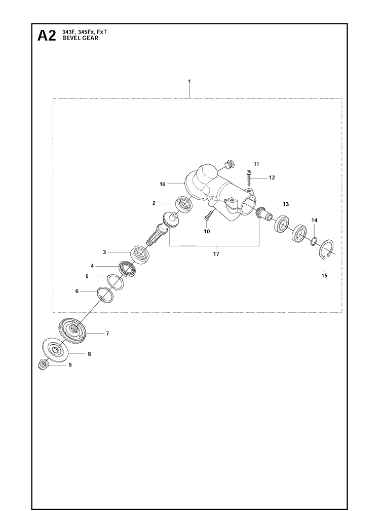 Bevel Gear Diagram and Parts List for 345FX  Husqvarna Brush Cutter