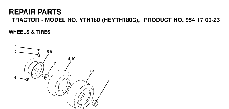 Wheels And Tires Diagram and Parts List for YTH180 (HEYTH180C)(2000-03) Husqvarna Lawn Tractor
