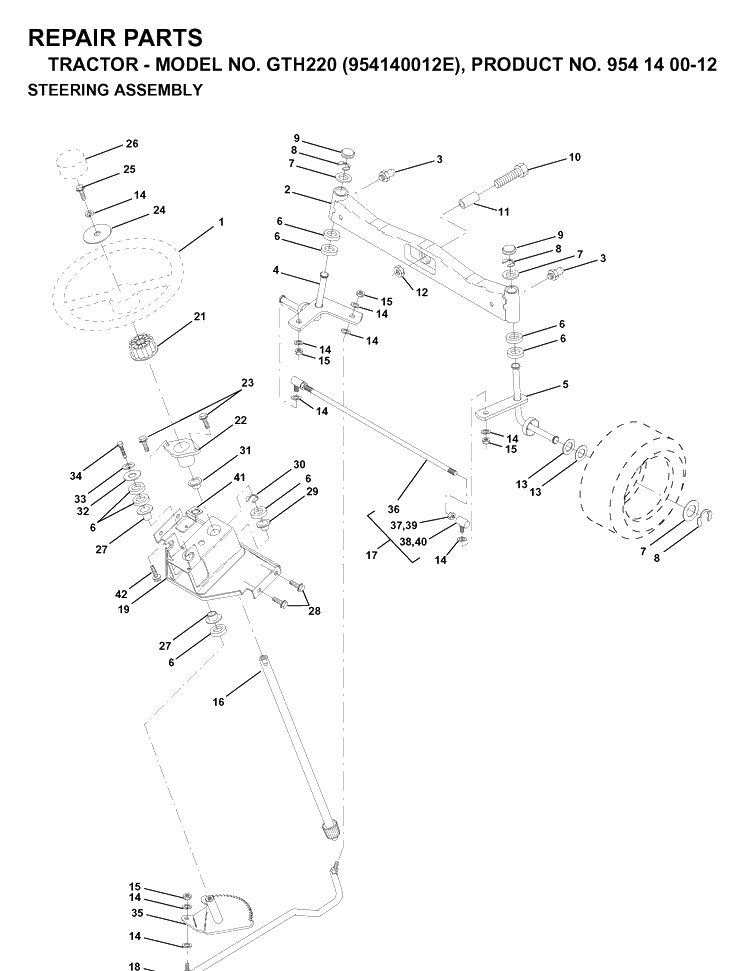 Steering Diagram and Parts List for GTH220 (954140012E)(1998-09) Husqvarna Lawn Tractor