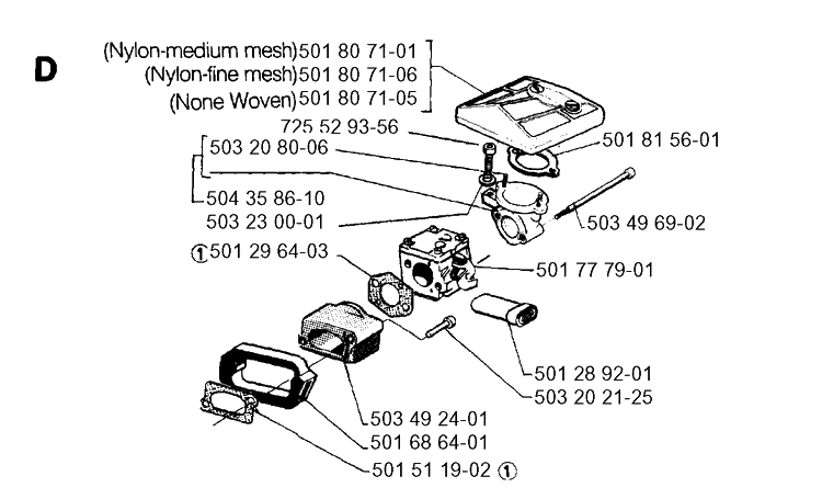 Carburetor And Air Filter Diagram and Parts List for 266 1993-09 replaced by 266 Husqvarna Chainsaw