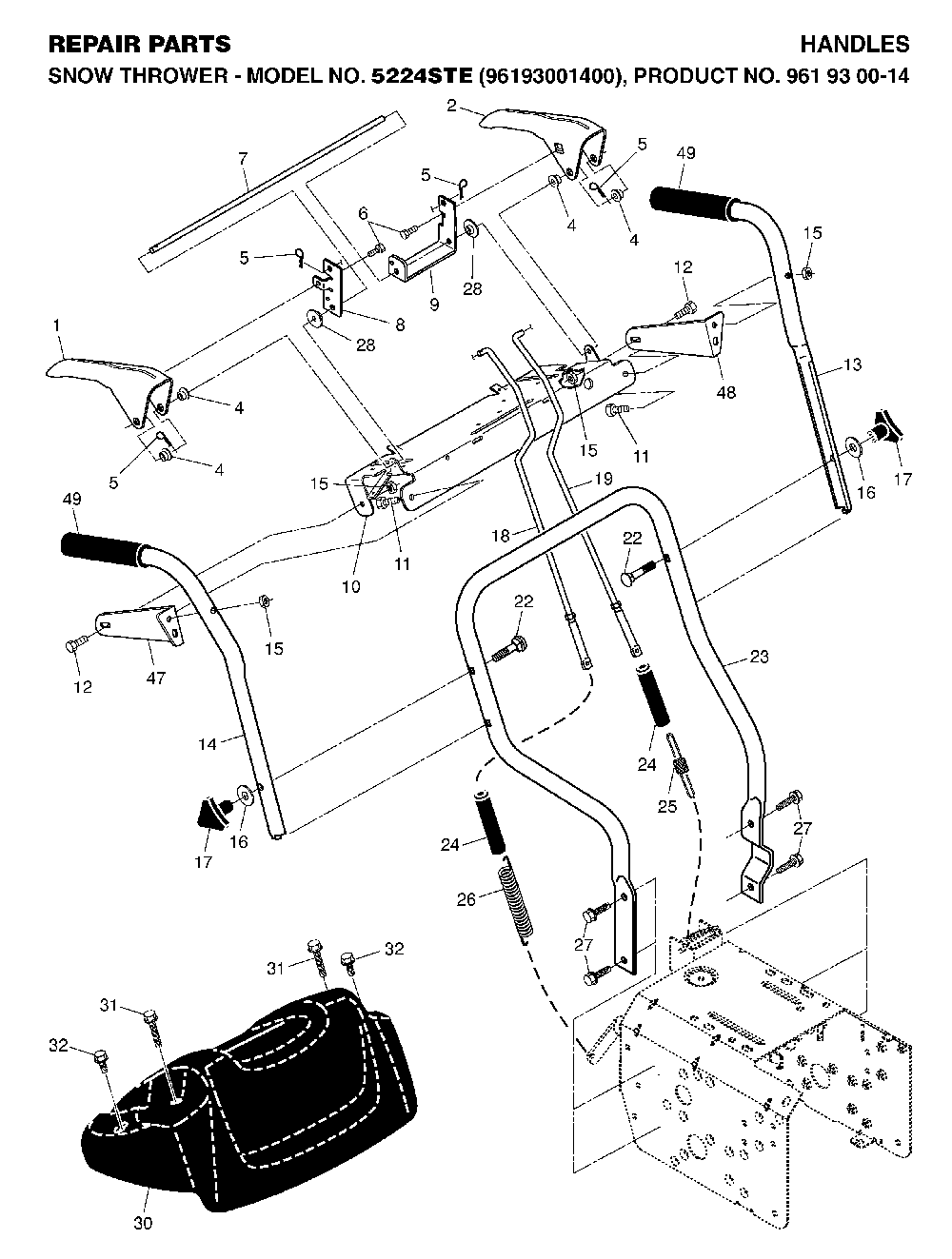 Handle And Controls Diagram and Parts List for 5524STE (96193001400, 961930014)(2006-08) Husqvarna Snow Blower