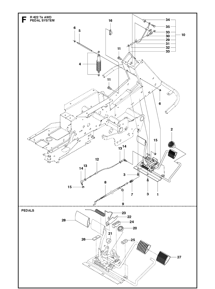 Pedals Diagram and Parts List for R422TS AWD Husqvarna Lawn Mower