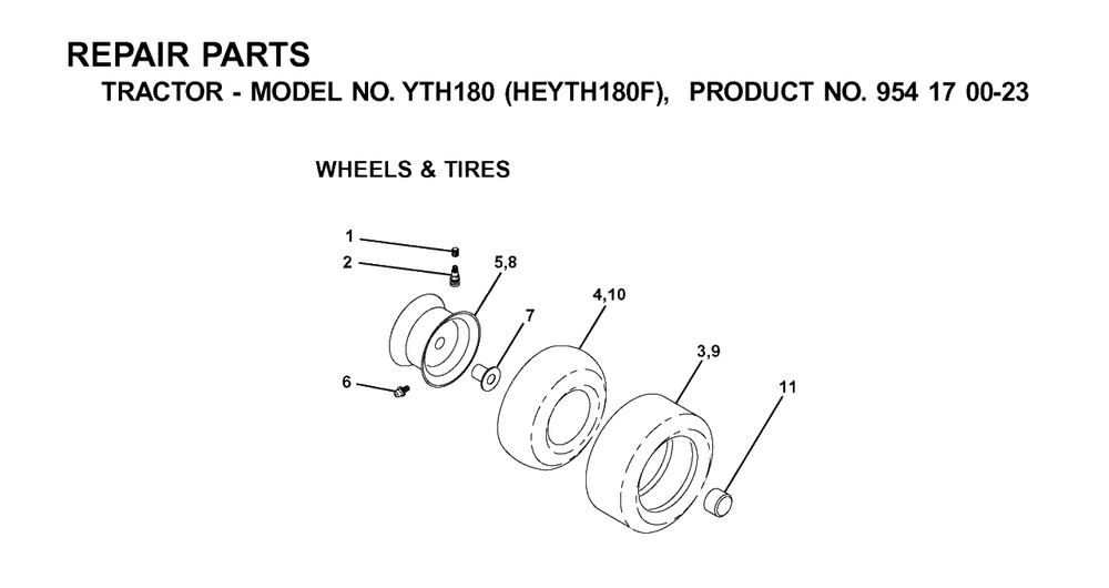 Wheels And Tires Diagram and Parts List for YTH180 (954170023-F)(2001-03) Husqvarna Lawn Tractor