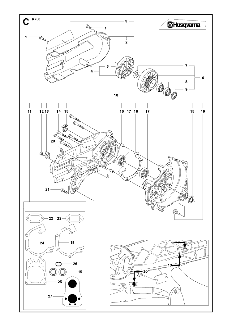 Crankcase 2 Diagram and Parts List for K750 2009-07 Husqvarna Lawn Tractor Accessories