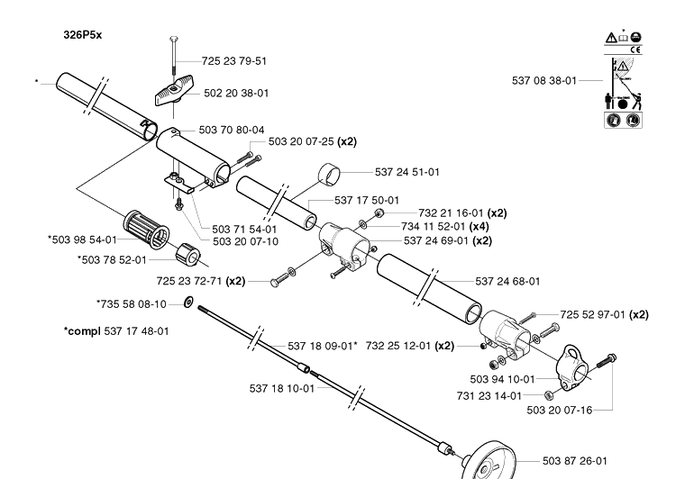 Shaft Diagram and Parts List for 326P 20021800001-20042300000 Husqvarna Pole Saw
