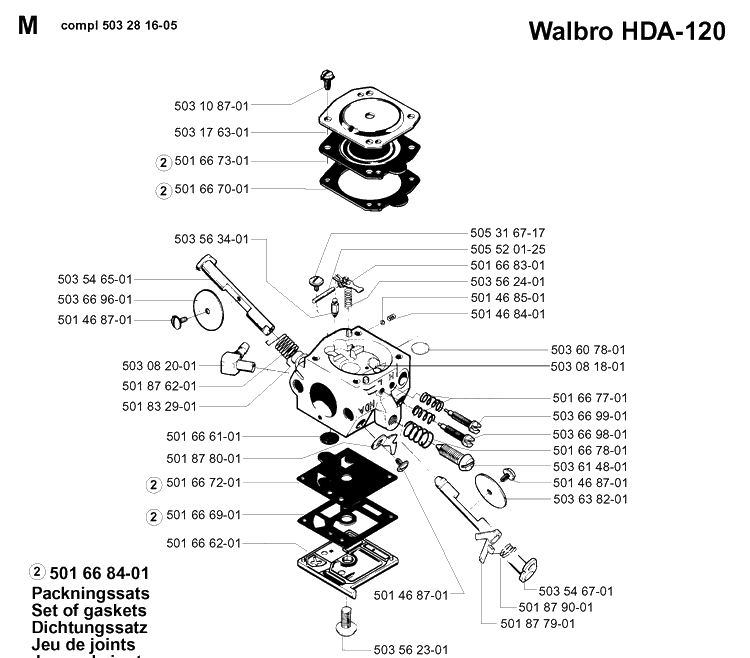 Carburetor Details Diagram and Parts List for 257 19980900001-19992300000 Husqvarna Chainsaw