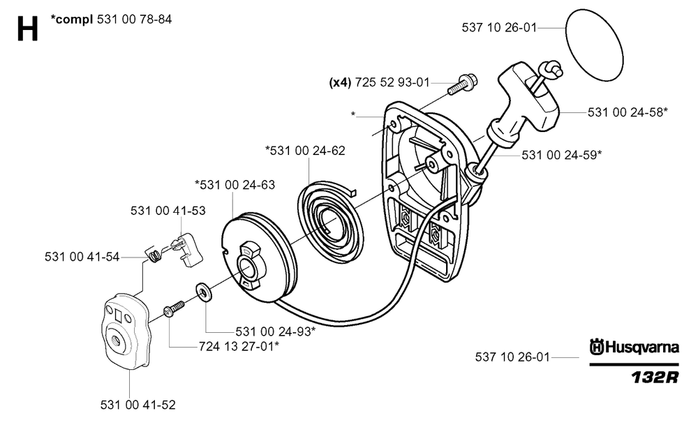 Starter Diagram and Parts List for 132R 20050100001 & Above Husqvarna Trimmer