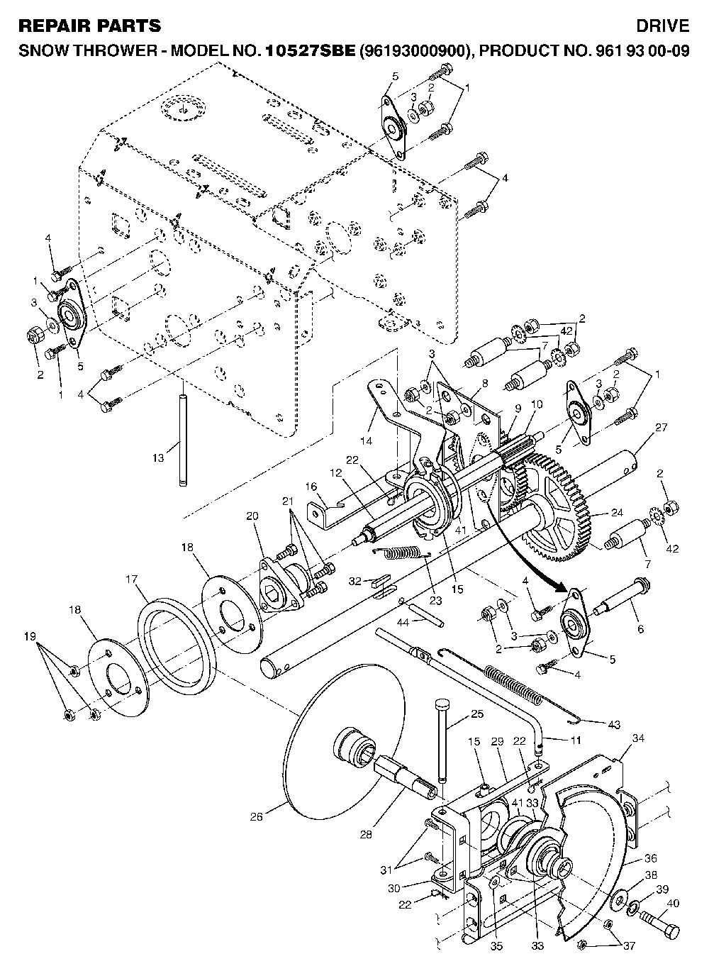 Drive Diagram and Parts List for 10527SBE (96193000900, 961930009)(2006-05) Husqvarna Snow Blower