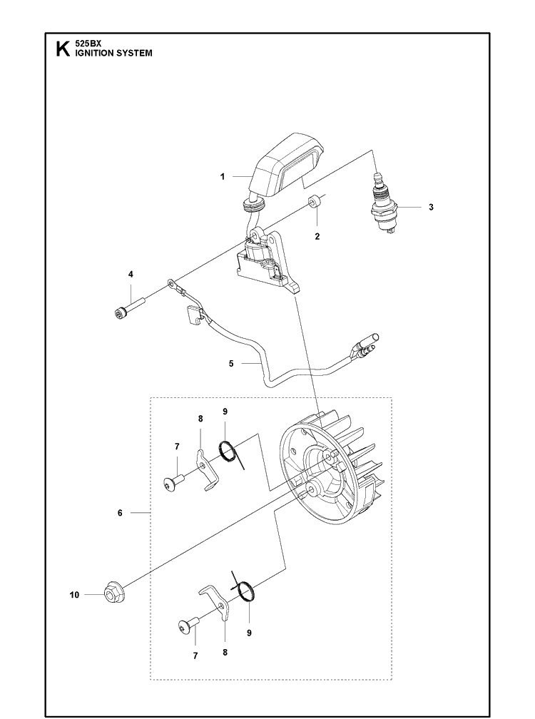 Ignition System Diagram and Parts List for 525BX  Husqvarna Leaf Blower / Vacuum