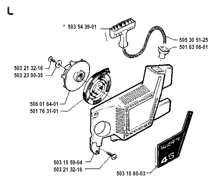 Starter Diagram and Parts List for 45 19902200001-19912200000 Husqvarna Chainsaw
