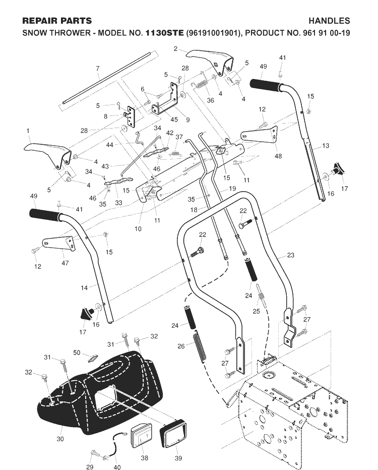 Handle Diagram and Parts List for 1130STE (96191001901)(2007-10) Husqvarna Snow Blower