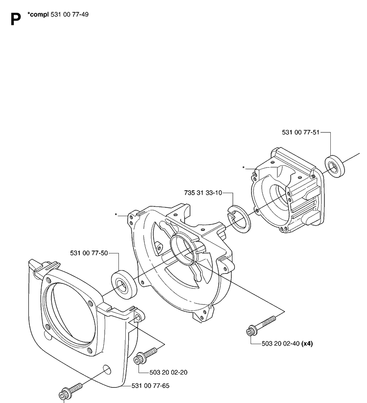 Crankcase Diagram and Parts List for 143R 20070100001-Current Husqvarna Brush Cutter