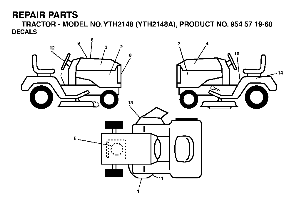 Decals Diagram and Parts List for YTH2148A (954571960)(2003-11) Husqvarna Lawn Tractor