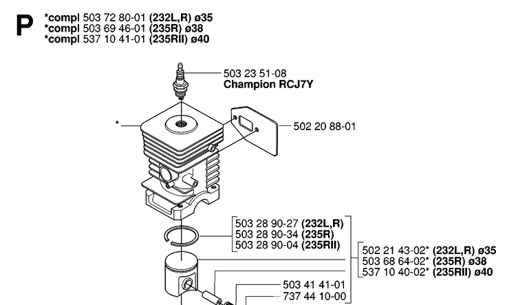Cylinder Piston Diagram and Parts List for 232R 20061400001-20144900000 Husqvarna Brush Cutter
