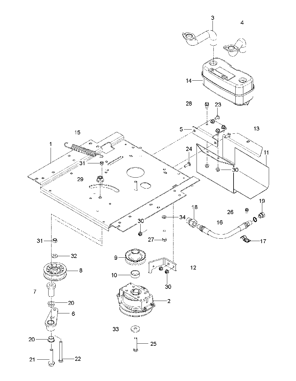 Engine Mounting, Guards And Muffler Diagram and Parts List for RZ46215 (967009803)(2013-08) Husqvarna Lawn Tractor