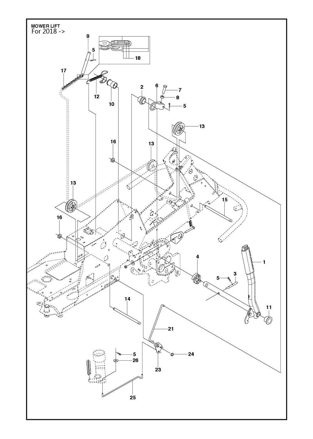 Mower Lift / Deck Lift Diagram and Parts List for R214TC2017-2021  Husqvarna Lawn Tractor
