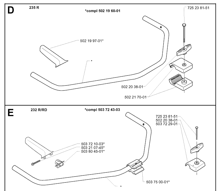 Handle Diagram and Parts List for 232RD 20001400001-Current Husqvarna Brush Cutter