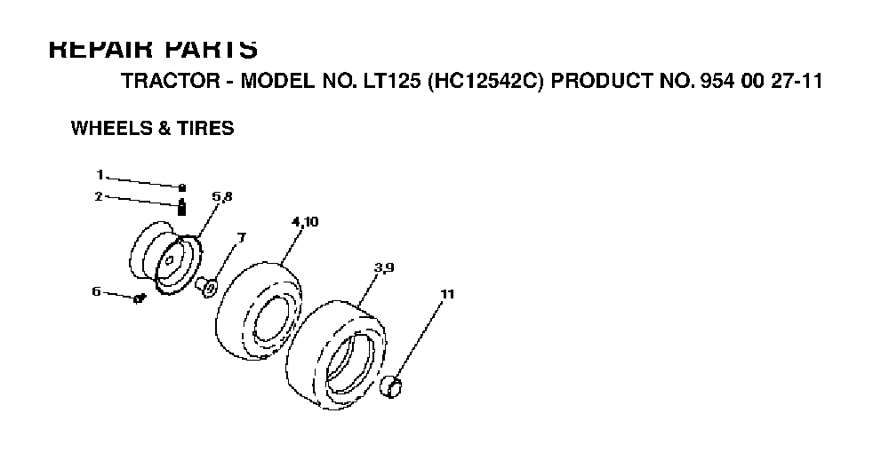 Wheels And Tires Diagram and Parts List for LT125 (HC12542C, 954002711)(1996-04) Husqvarna Lawn Tractor
