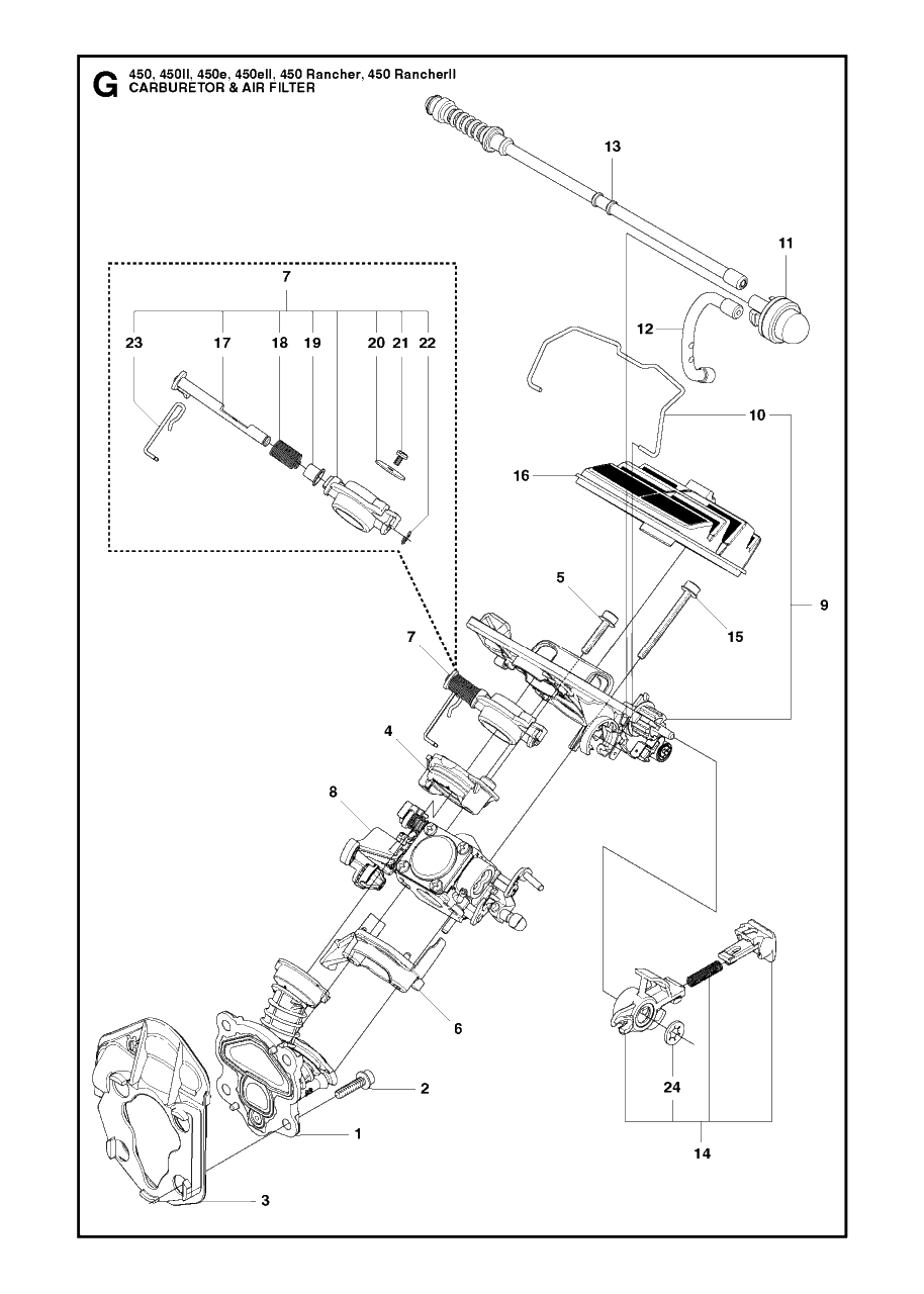 Carburetor And Air Filter Diagram and Parts List for 450RANCHER  Husqvarna Chainsaw