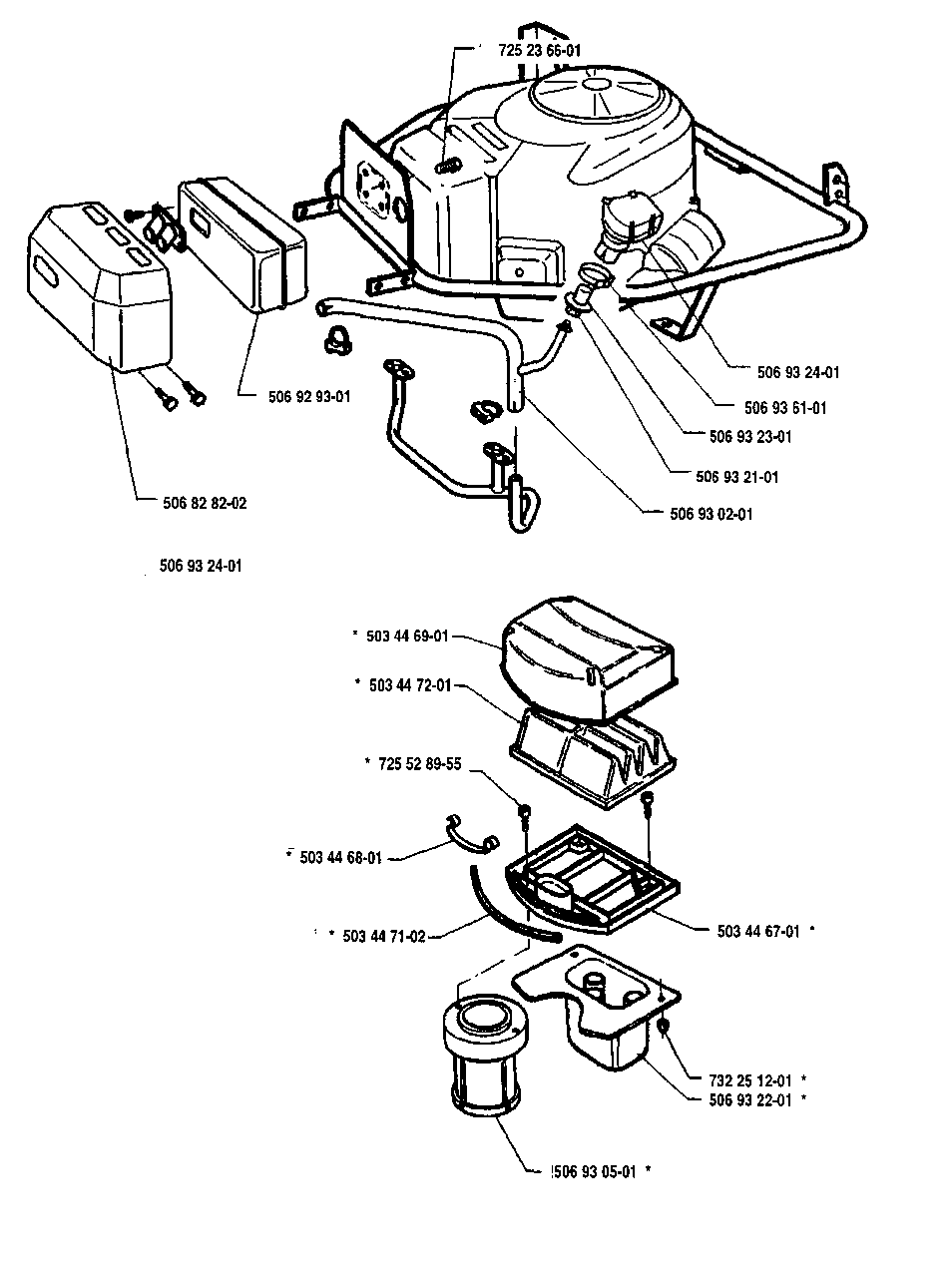 Engine Cover And Air Filter/Carburetor Diagram and Parts List for R1000 1995-03 Husqvarna Lawn Tractor