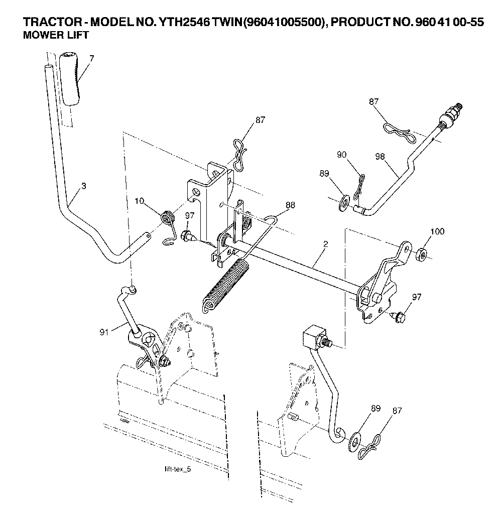 Mower Lift / Deck Lift Diagram and Parts List for YTH2546TWIN (96041005500, 960410055)(2007-04) Husqvarna Lawn Tractor