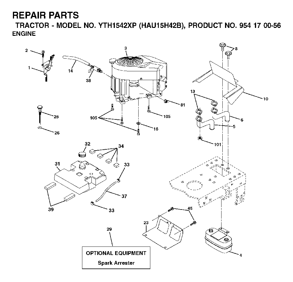 Engine Diagram and Parts List for YTH1542XP (HAU15H42B, 954170056)(2003-01) Husqvarna Lawn Tractor