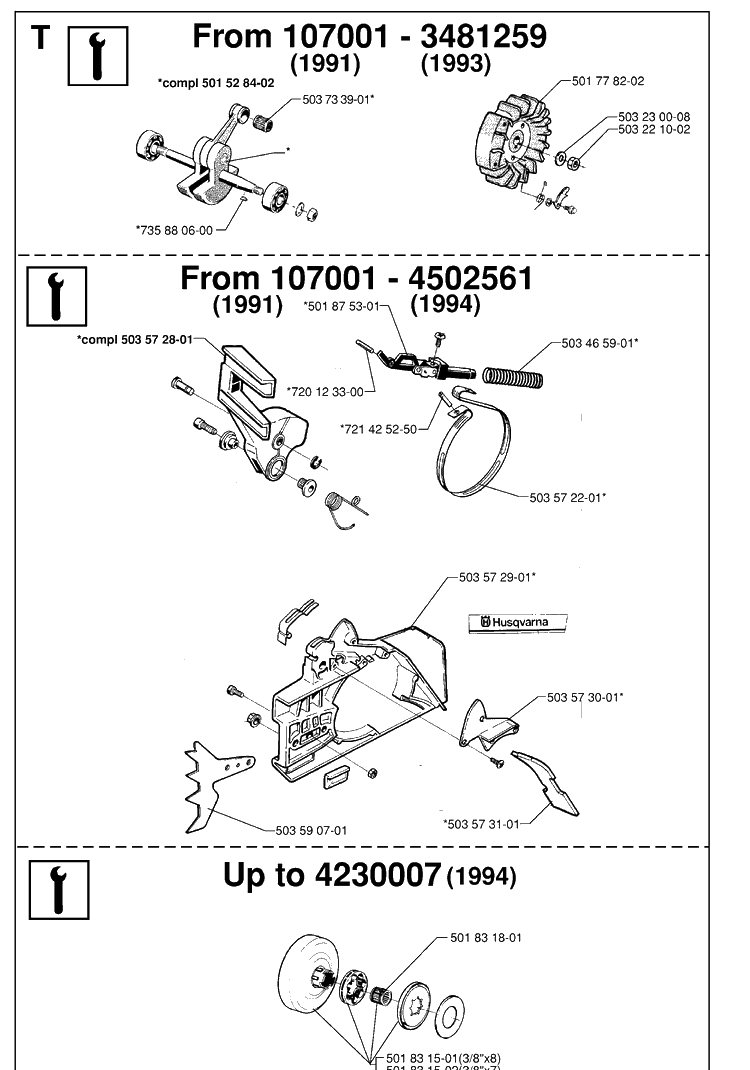 Service Updates Diagram and Parts List for 61 19970100001-19993100000 Husqvarna Chainsaw