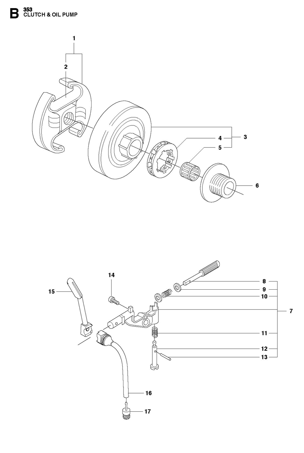 Clutch And Oil Pump Diagram and Parts List for 353-353G 353E-tech-353G E-tech Husqvarna Chainsaw