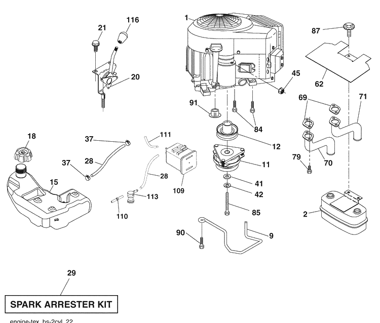 Engine / Fuel Tank Diagram and Parts List for 2246LS (96043007600)(2008-12) Husqvarna Lawn Mower