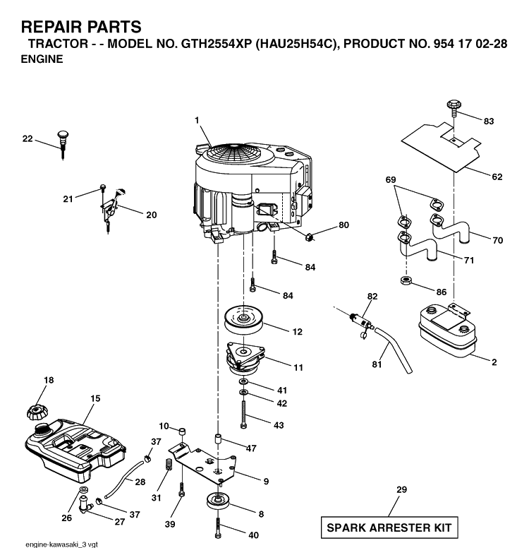Engine Diagram and Parts List for GTH2554XP (HAU25H54C)(2005-04) Husqvarna Lawn Tractor