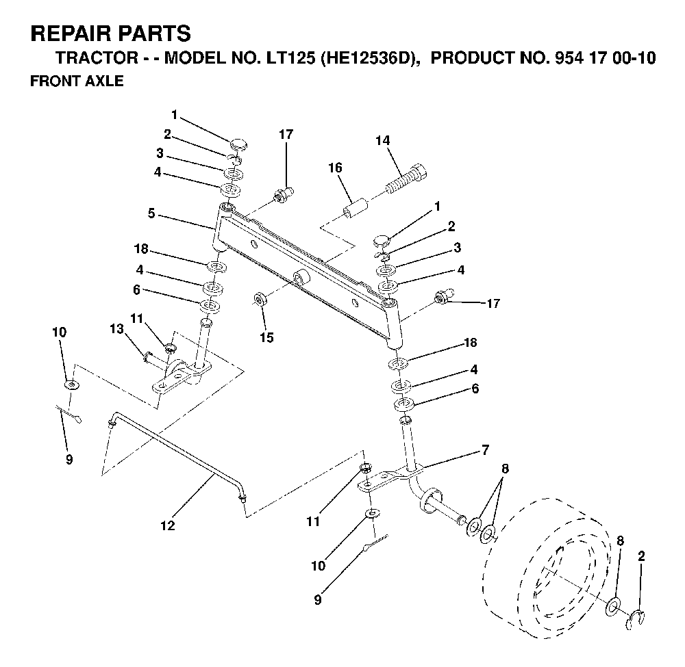 Front Axle Diagram and Parts List for LT125 (HE12536D, 954170010)(1998-12) Husqvarna Lawn Tractor