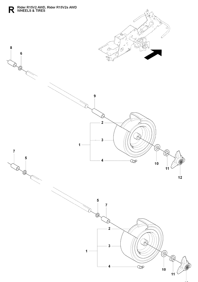 Wheels And Tires Diagram and Parts List for RIDER15V2AWD (965200901)(2009-04) Husqvarna Lawn Mower