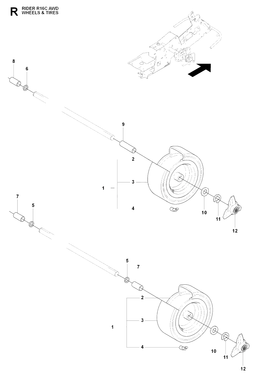 Wheels And Tires Diagram and Parts List for R16CAWD (966830301)(2009-04) Husqvarna Lawn Tractor