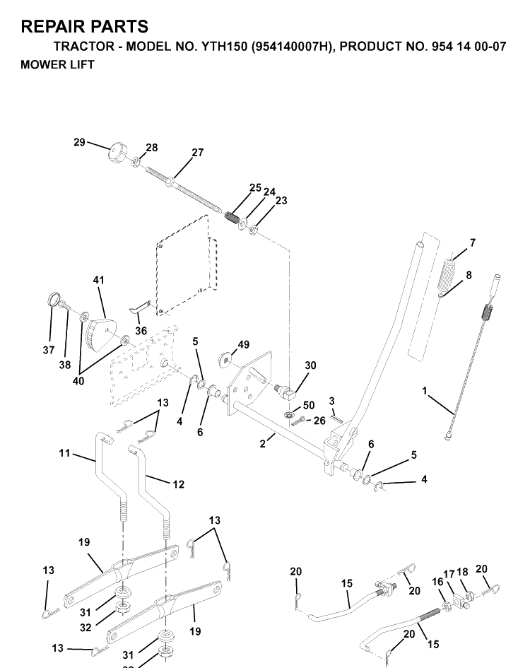 Mower Lift / Deck Lift Diagram and Parts List for YTH150 (954140007H)(1998-09) Husqvarna Lawn Tractor