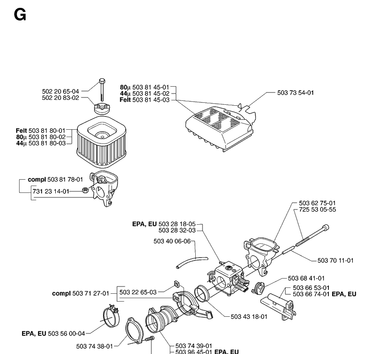 Carburetor And Air Filter Diagram and Parts List for 365 20070900001-20101800000 Husqvarna Chainsaw
