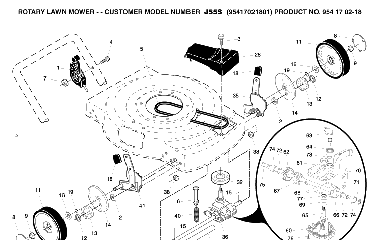 Drive Diagram and Parts List for J55S (9541702-18)(2004-01) Husqvarna Lawn Mower