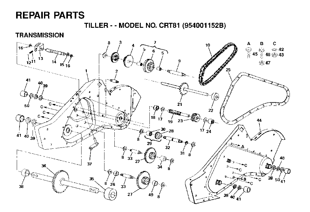 Transmission Diagram and Parts List for CRT81 (954001152B)(1995-12) Husqvarna Tiller