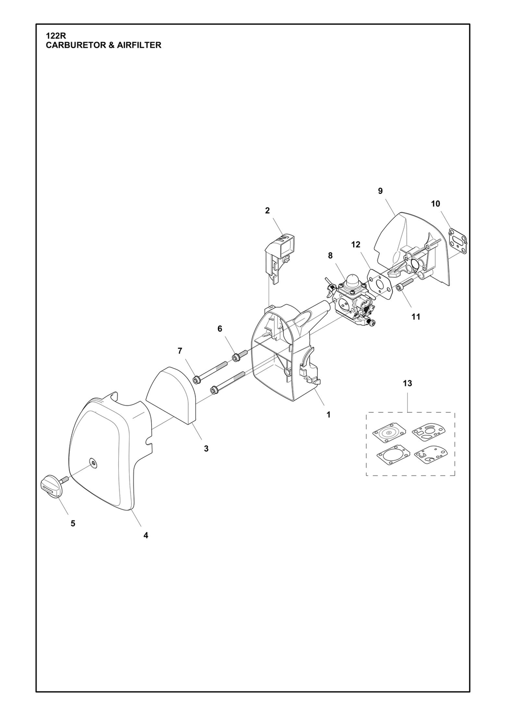 Carburetor And Air Filter Diagram and Parts List for 122R  Husqvarna Brush Cutter
