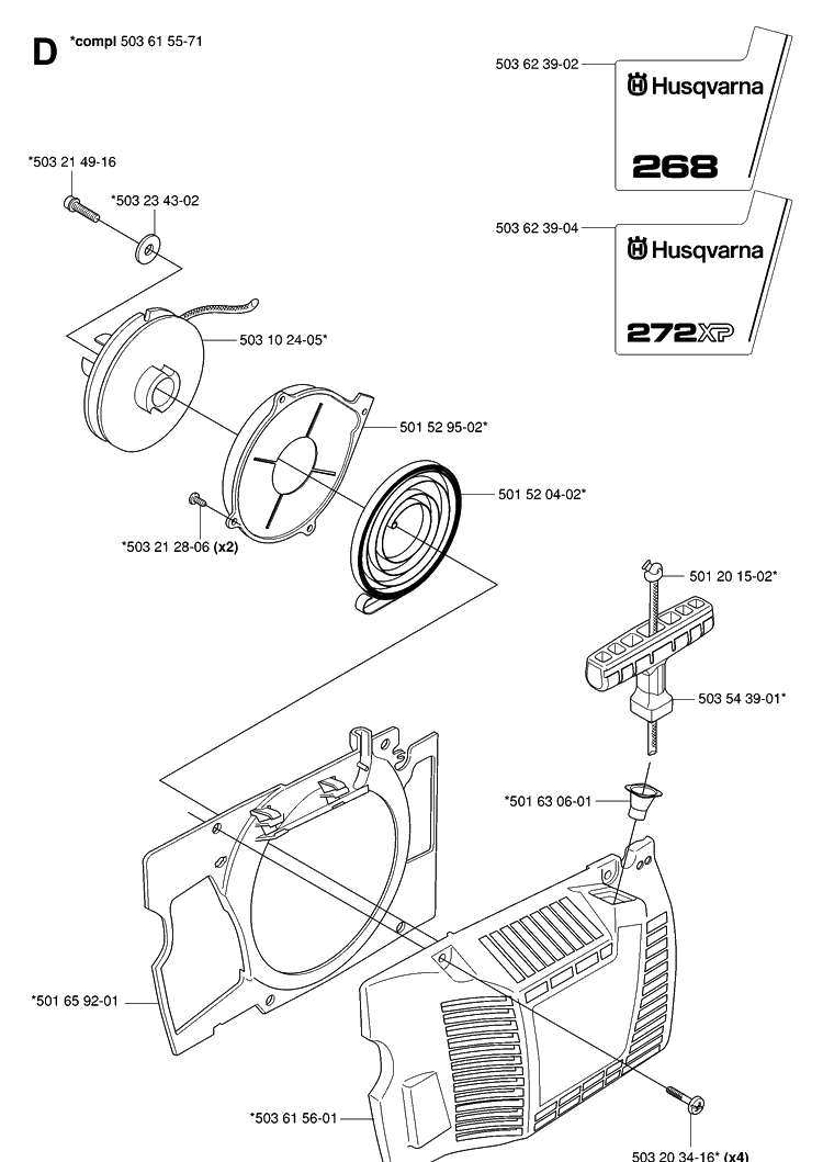 Starter Diagram and Parts List for 272XP 20070100001-20091400000 Husqvarna Chainsaw