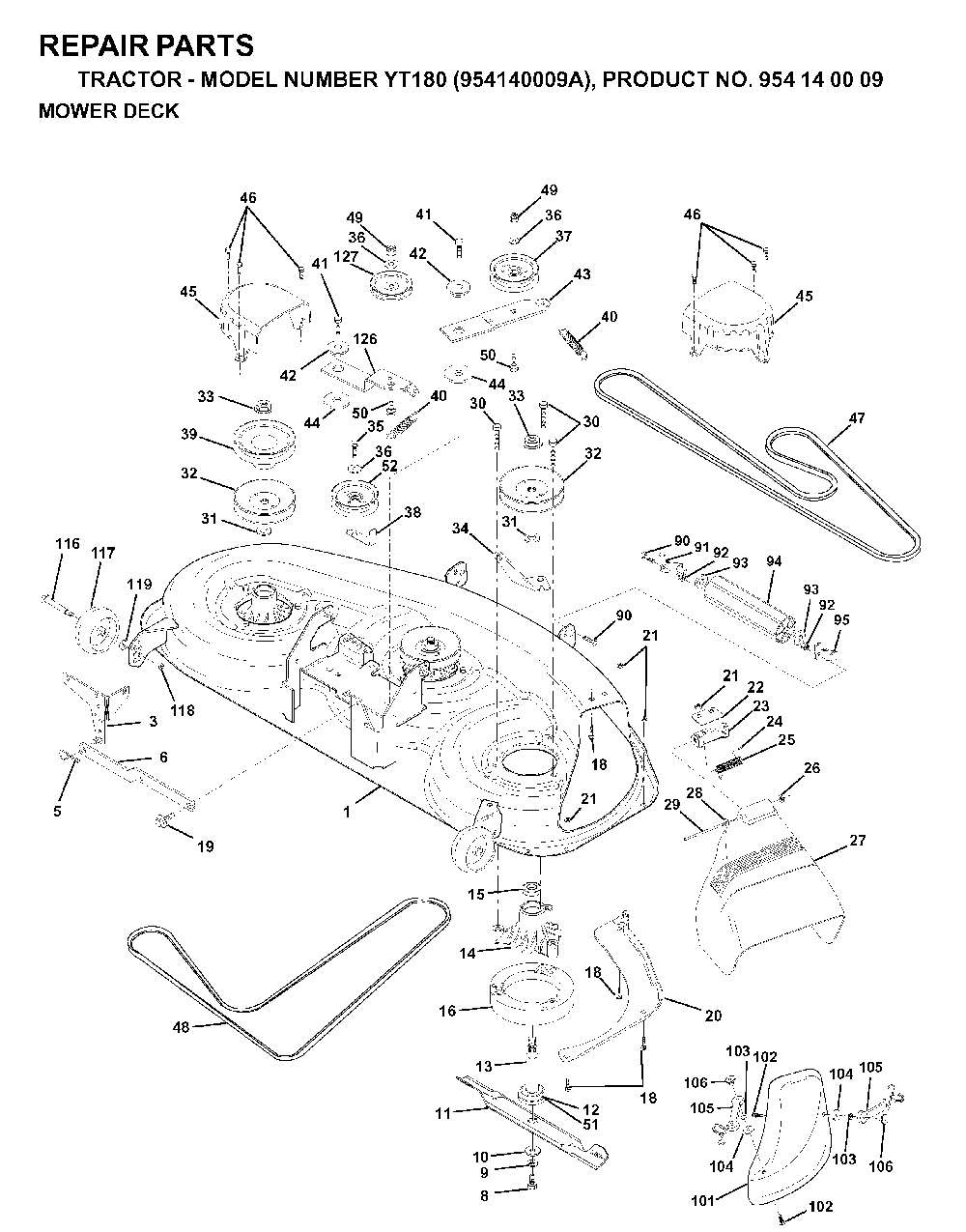 Mower Deck / Cutting Deck Diagram and Parts List for YT180 (954140009A)(1997-01) Husqvarna Lawn Tractor