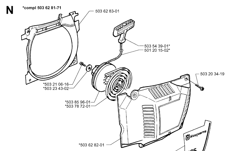 Starter Diagram and Parts List for 365 19963500001-19974900000 Husqvarna Chainsaw