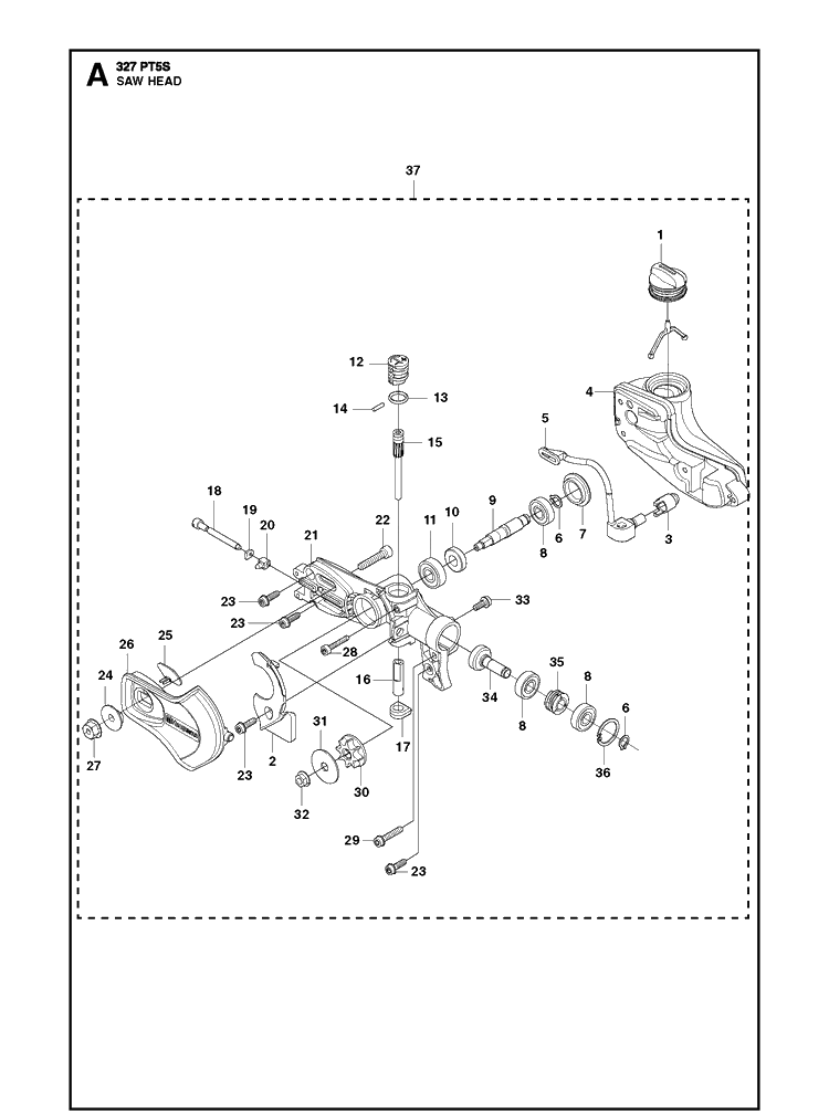Saw Head Diagram and Parts List for 327PT5S 20112300001-20120100000 Husqvarna Pole Saw