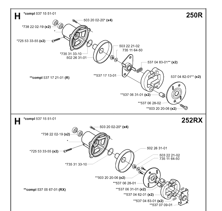 Clutch Diagram and Parts List for 250R  Husqvarna Brush Cutter