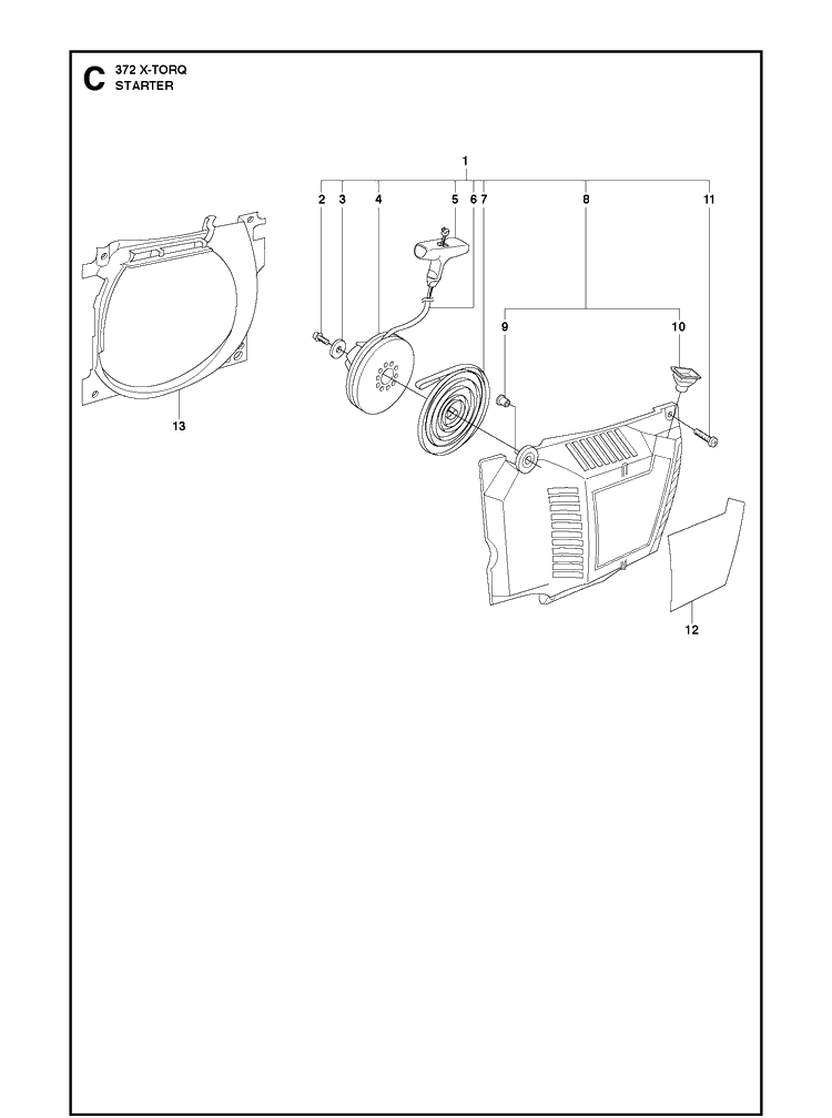Starter 8 Diagram and Parts List for 372XP XPG X-TORQ Husqvarna Chainsaw