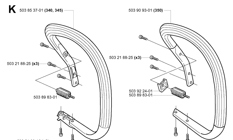 Handle 2 Diagram and Parts List for 345 20013500001-20030100000 Husqvarna Chainsaw